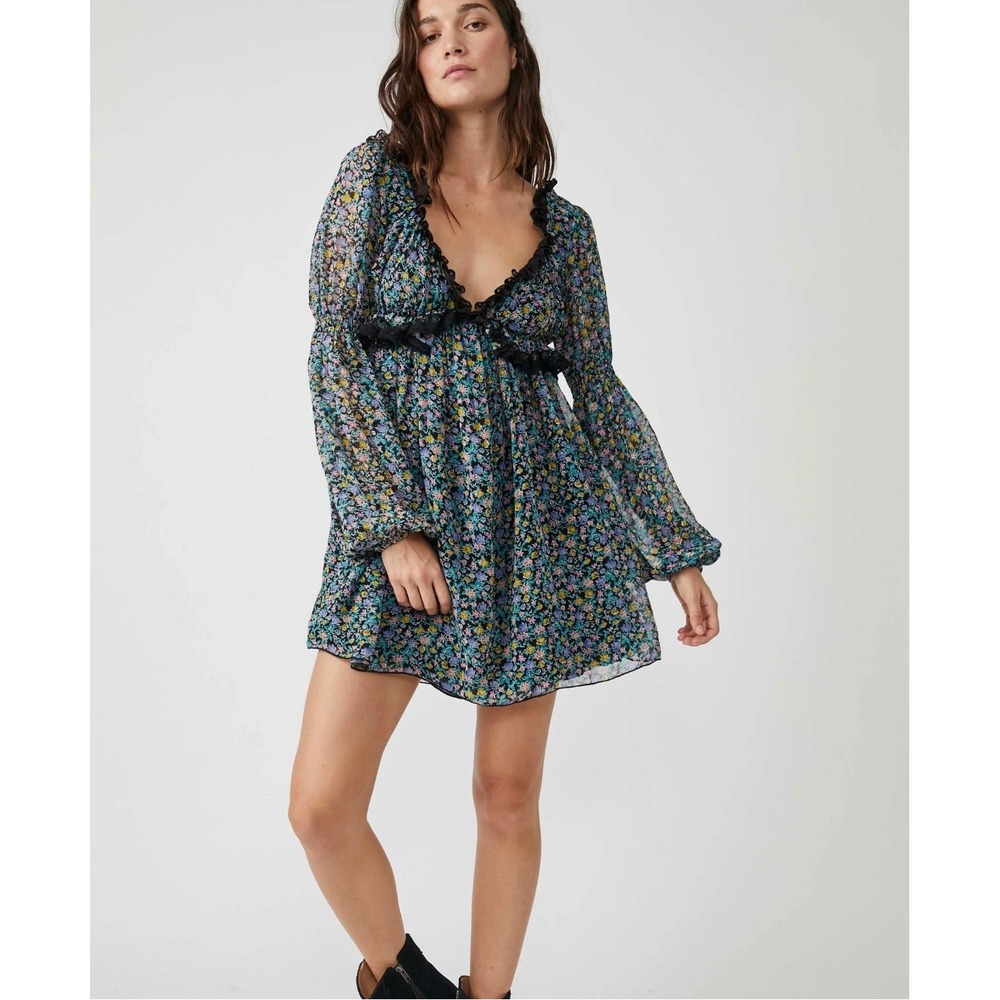 Free People Stay Golden Mini Dress Floral Lace Trim Open Back Blue Combo XL